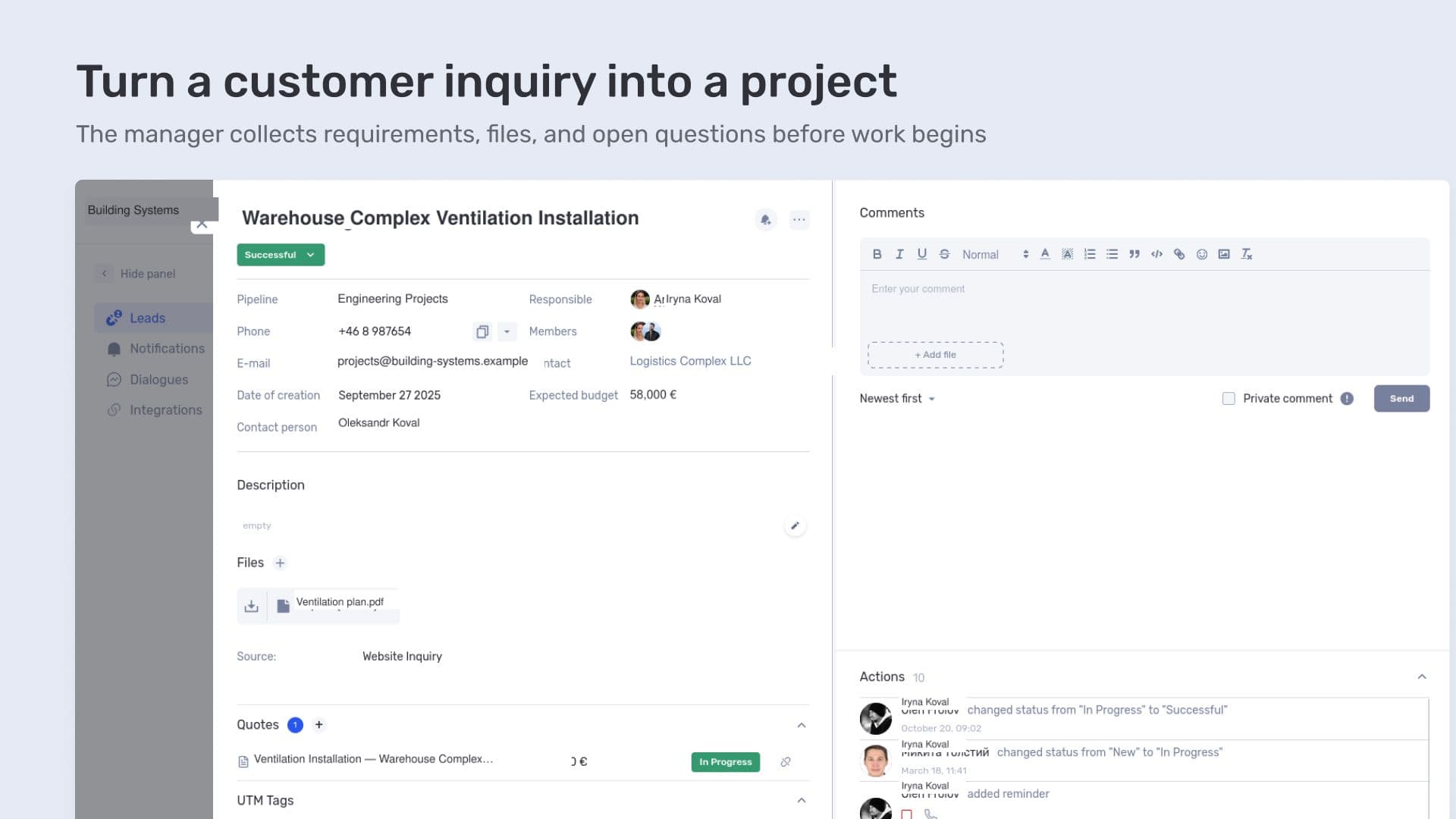 Turn a customer inquiry into a project