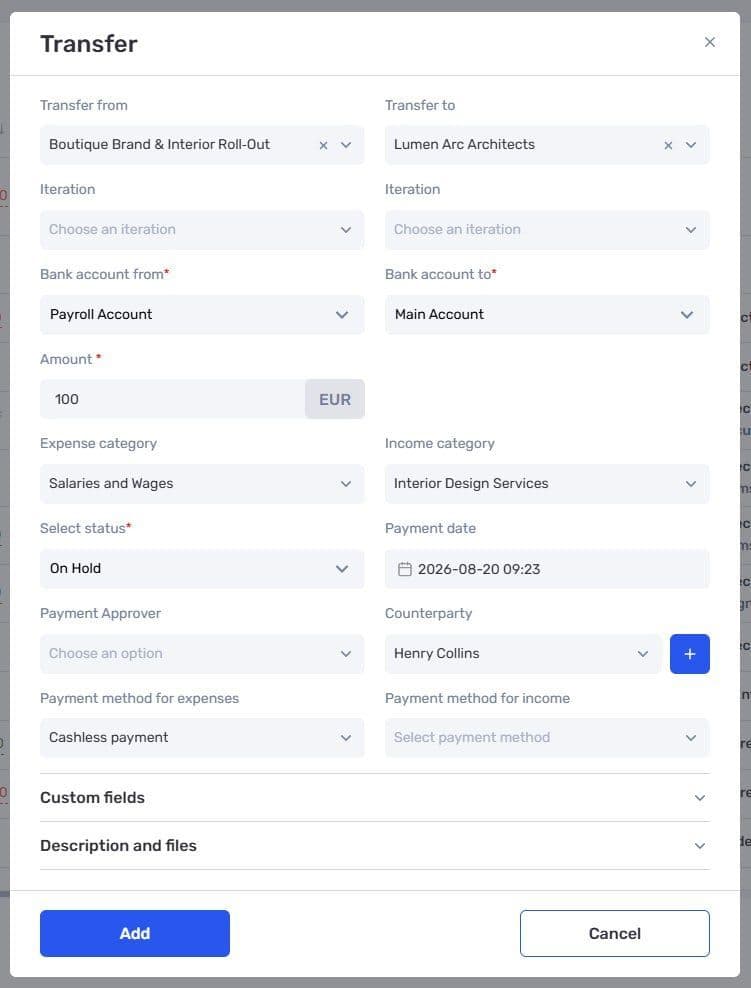 Transfer form in if.team with projects, iterations and bank accounts on both sides