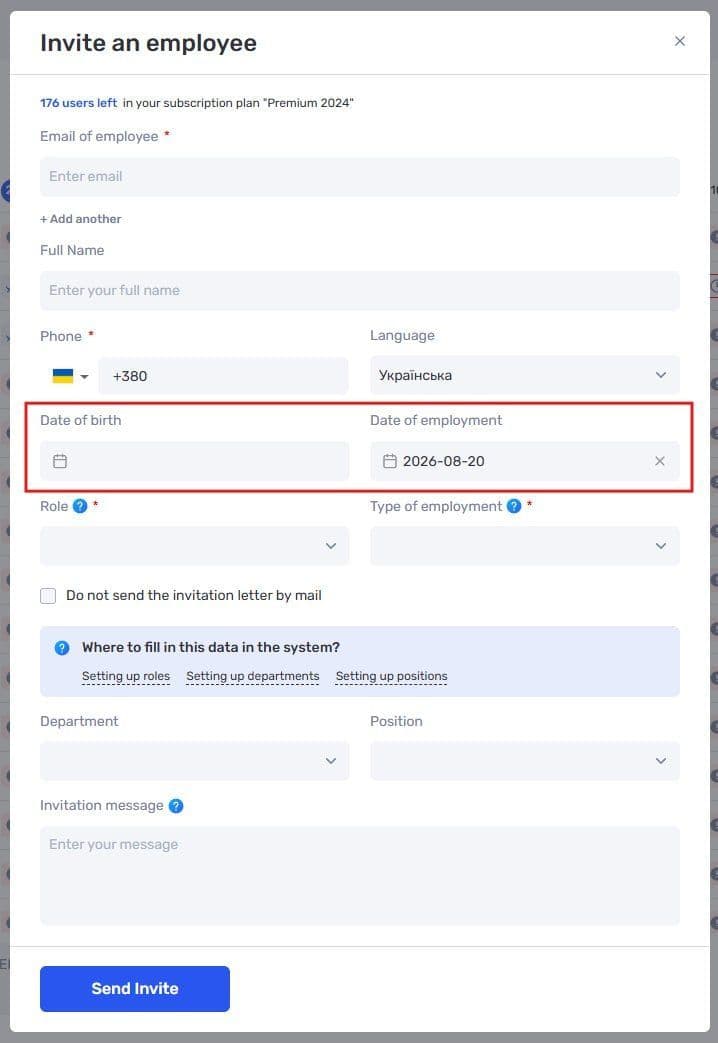Invite an employee form in if.team