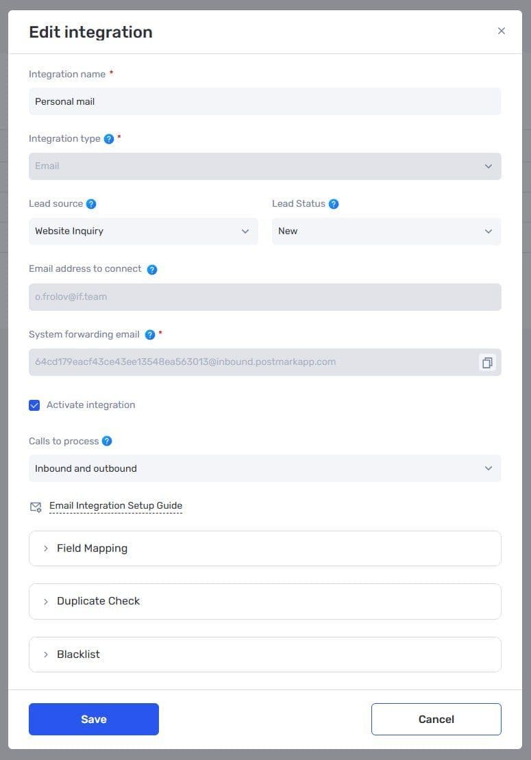 Email integration settings in if.team