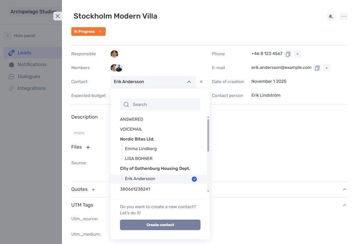 Selecting a contact in the if.team lead card
