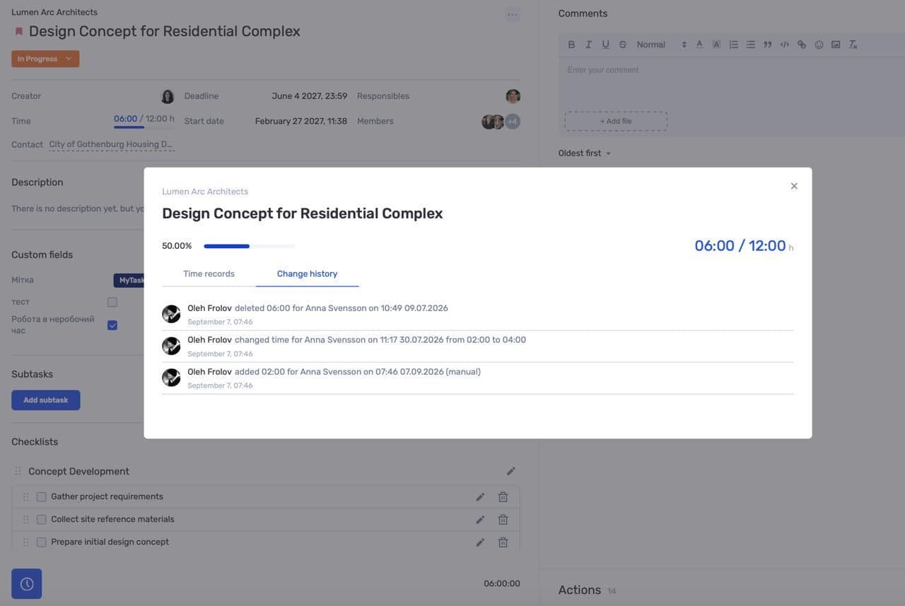 Worklog change history in an if.team task