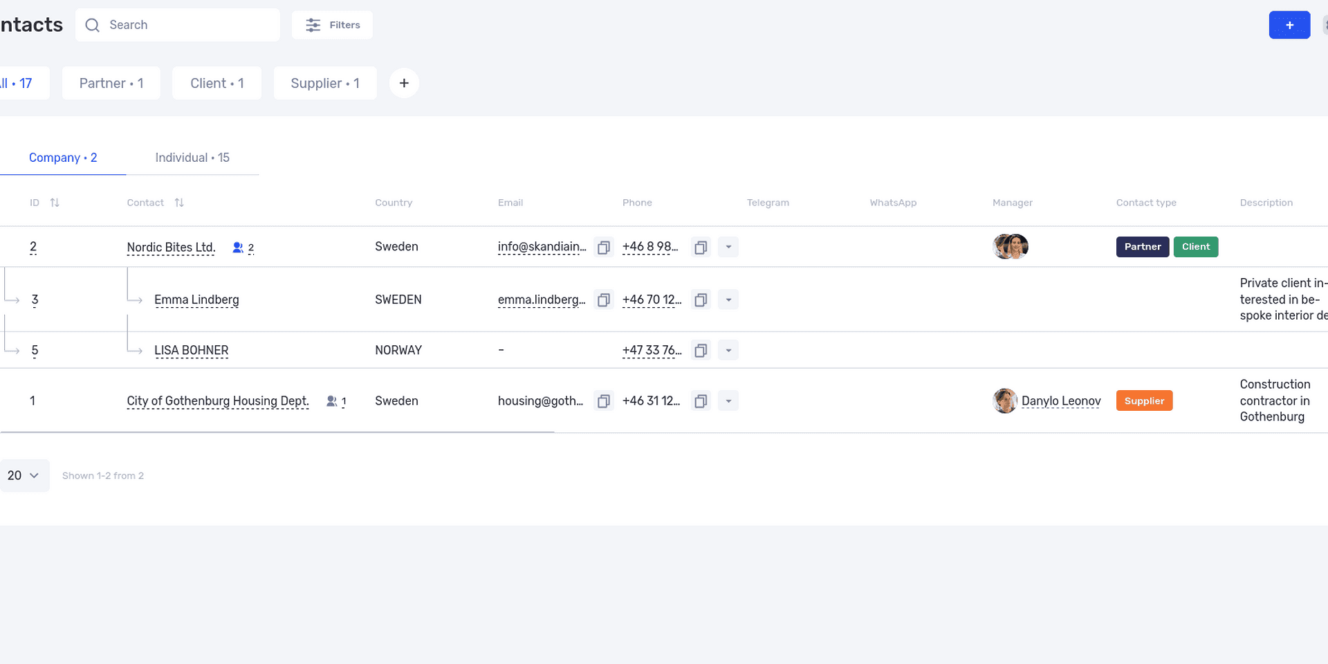 Contact list in the if.team CRM with companies, contact people, and owners