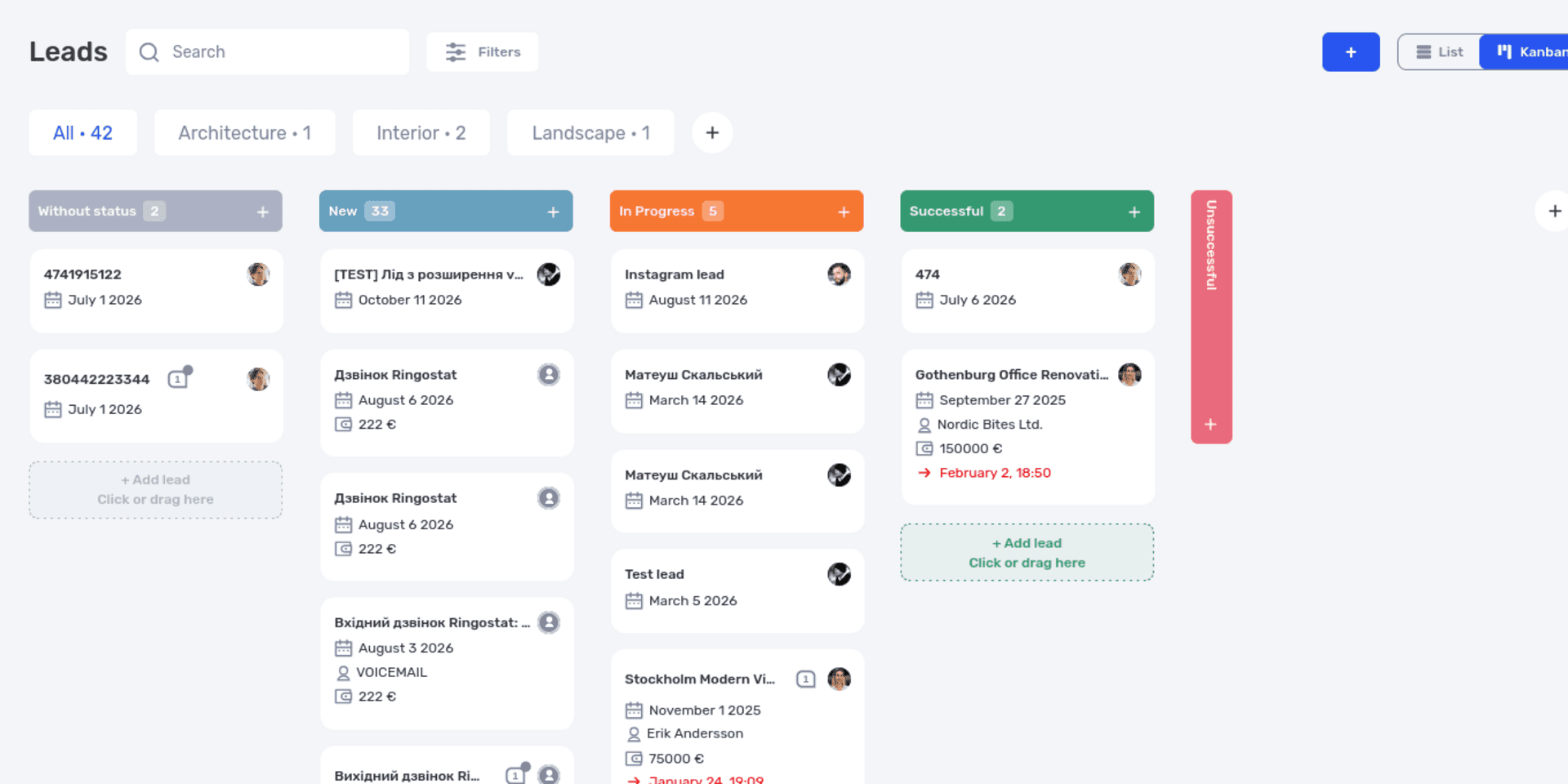 Leads pipeline in if.team with stages and opportunity cards