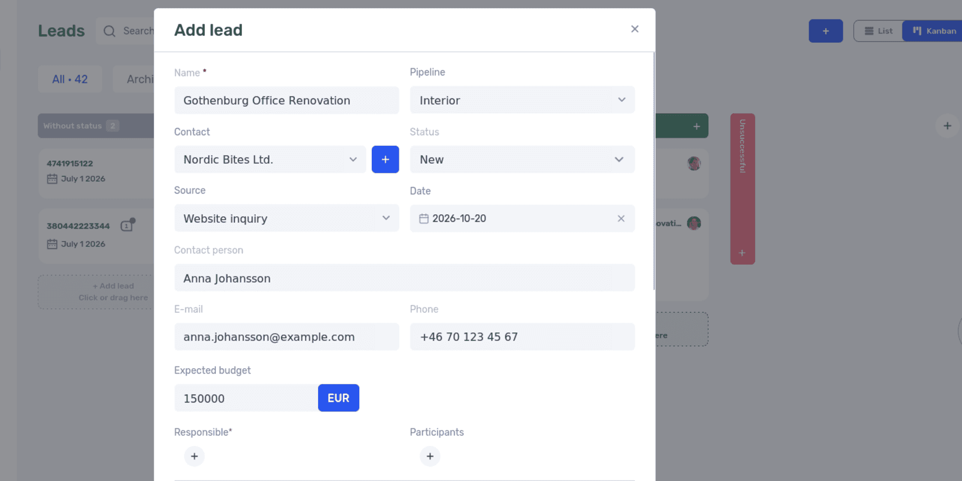 Add lead form in if.team with name, contact, pipeline, status, source, and budget