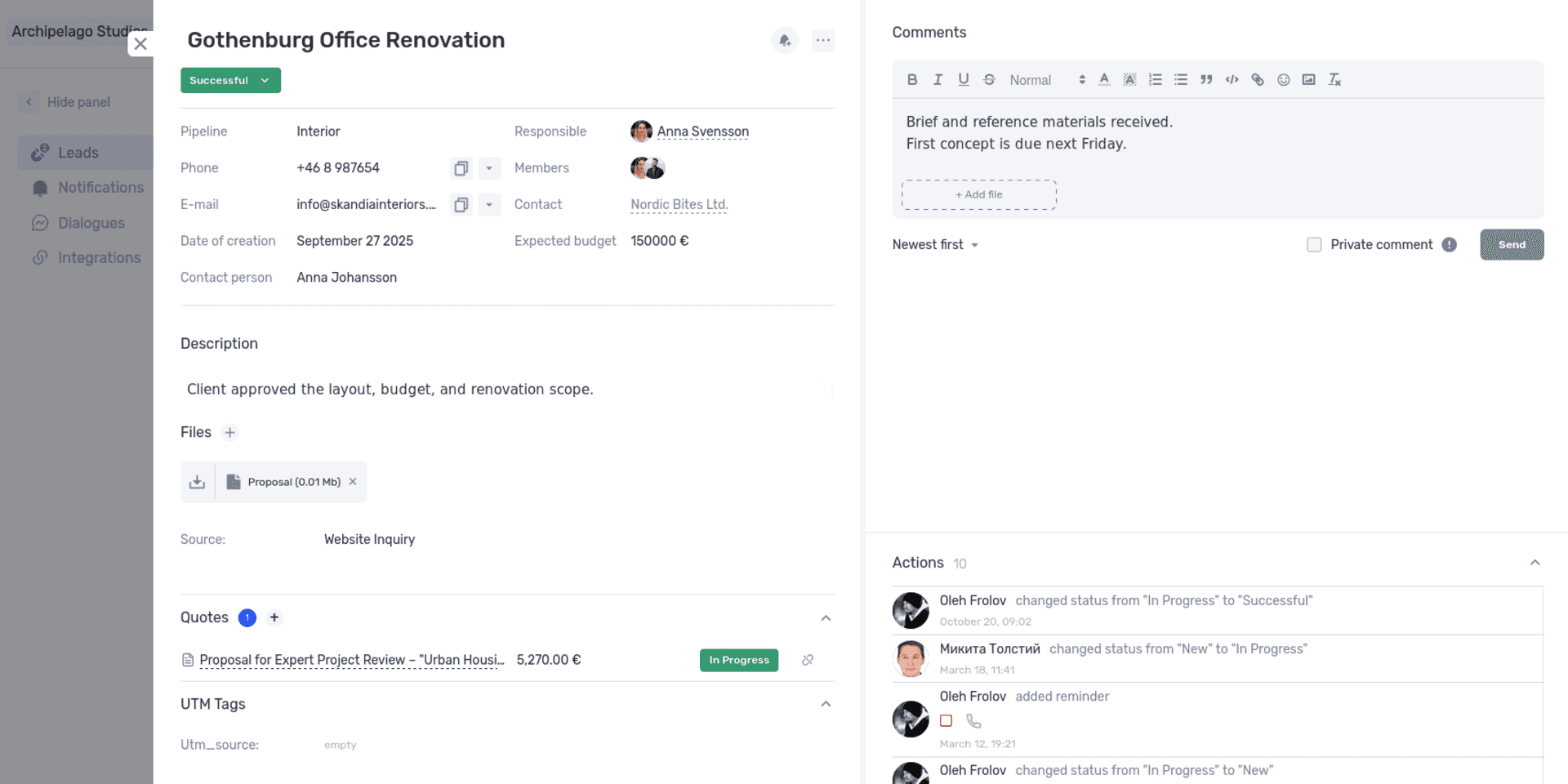Lead card in if.team with the agreed scope, attached files, and comments