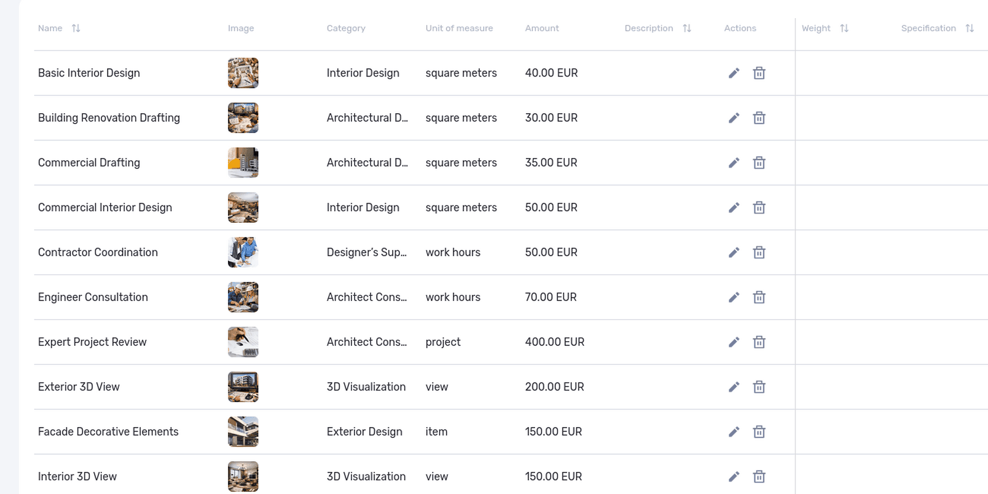 Products and services catalog in if.team with categories, units, and prices