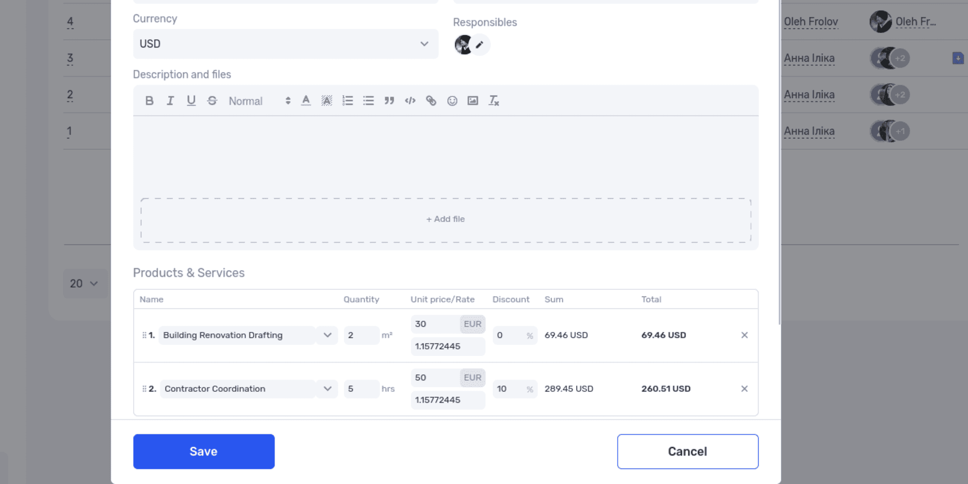 Proposal calculation in if.team with line items, quantity, unit price, discount, and total