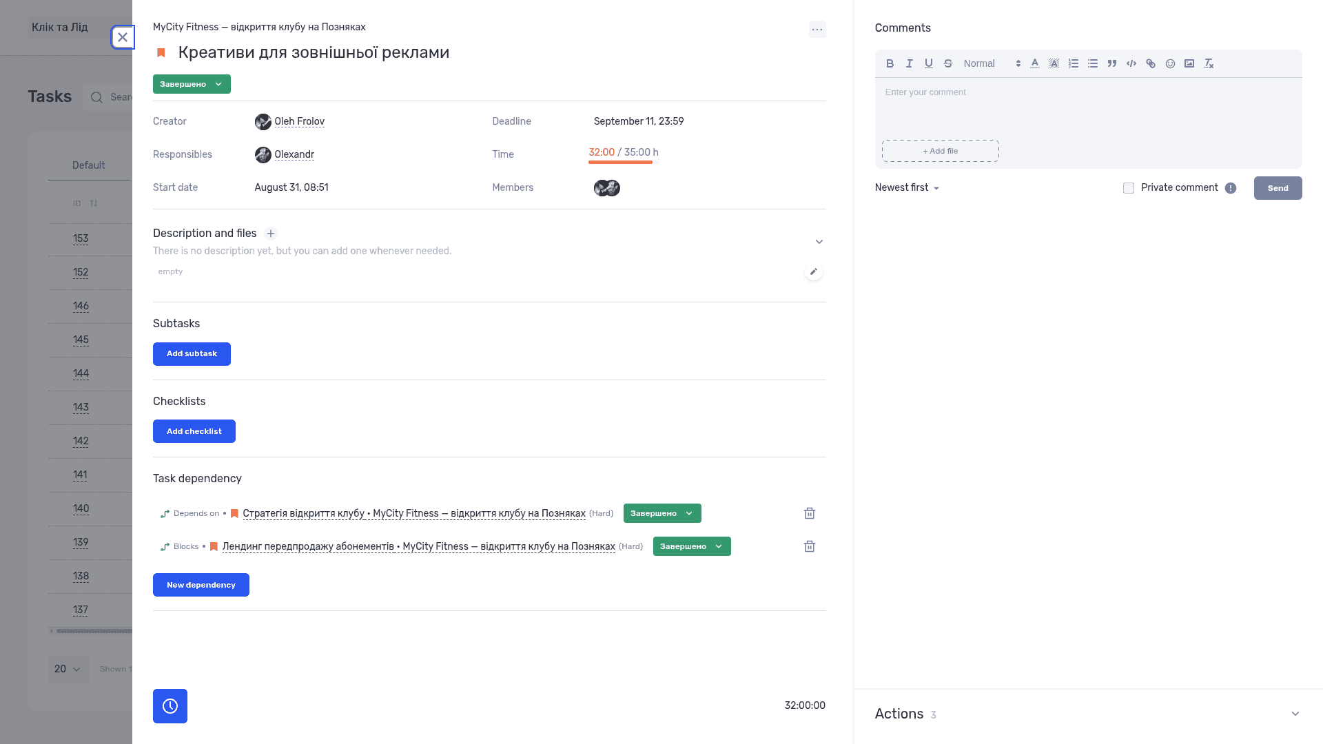 A task connects its owner, due date, recorded time, and dependencies on other work