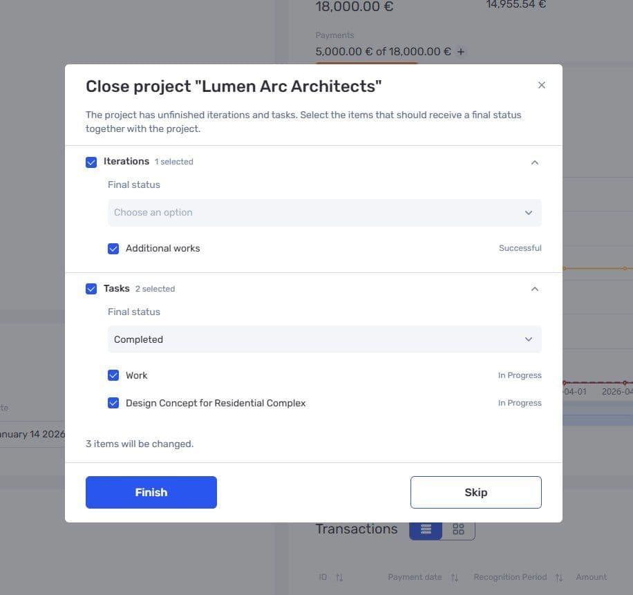Selecting nested items and final statuses when completing a project