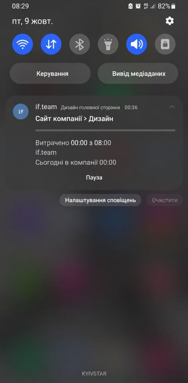 Робочий час і кнопка паузи у сповіщенні Android
