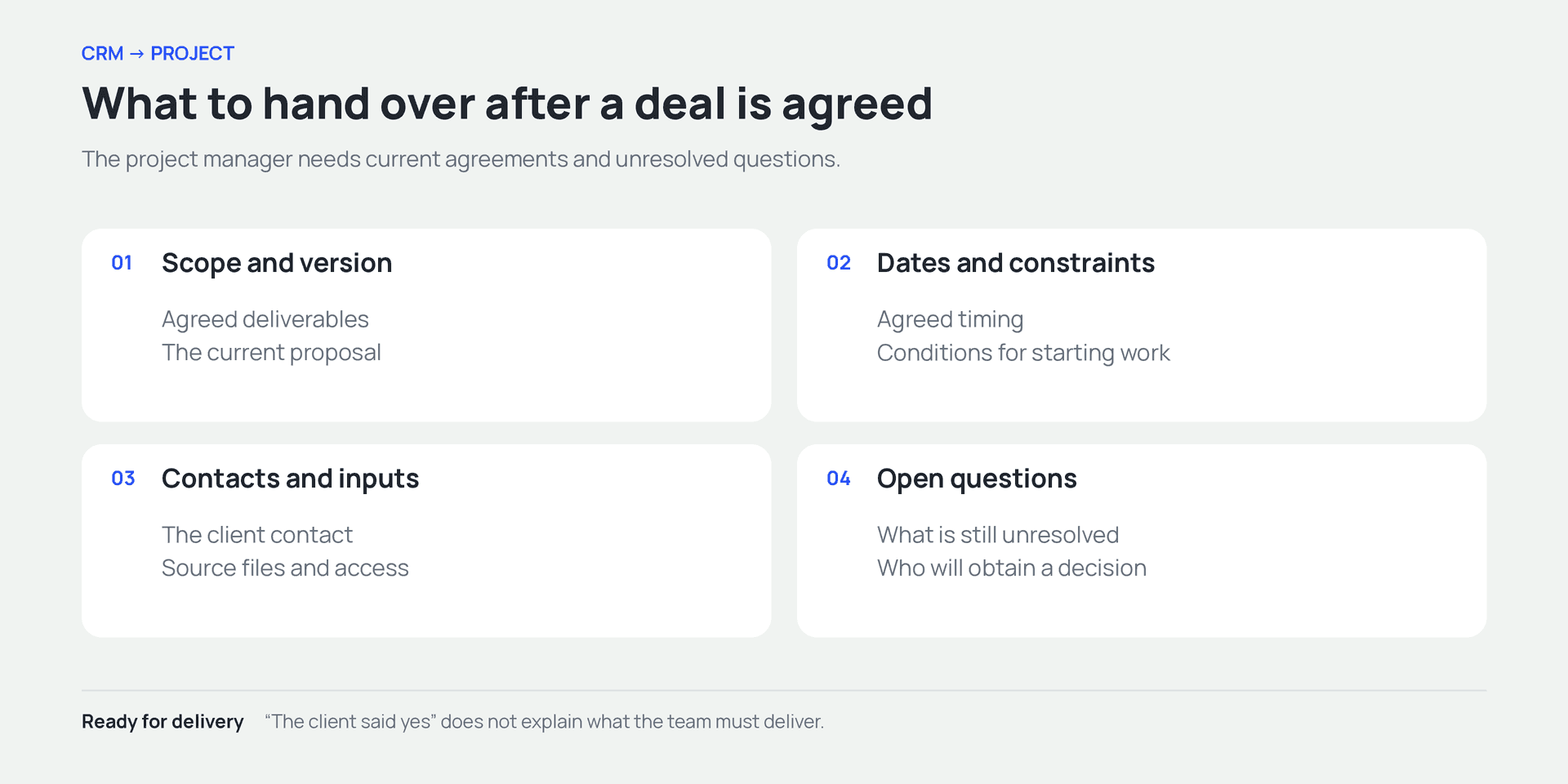 What to hand over to the project manager after a deal is agreed: scope, dates, contacts and inputs, open questions