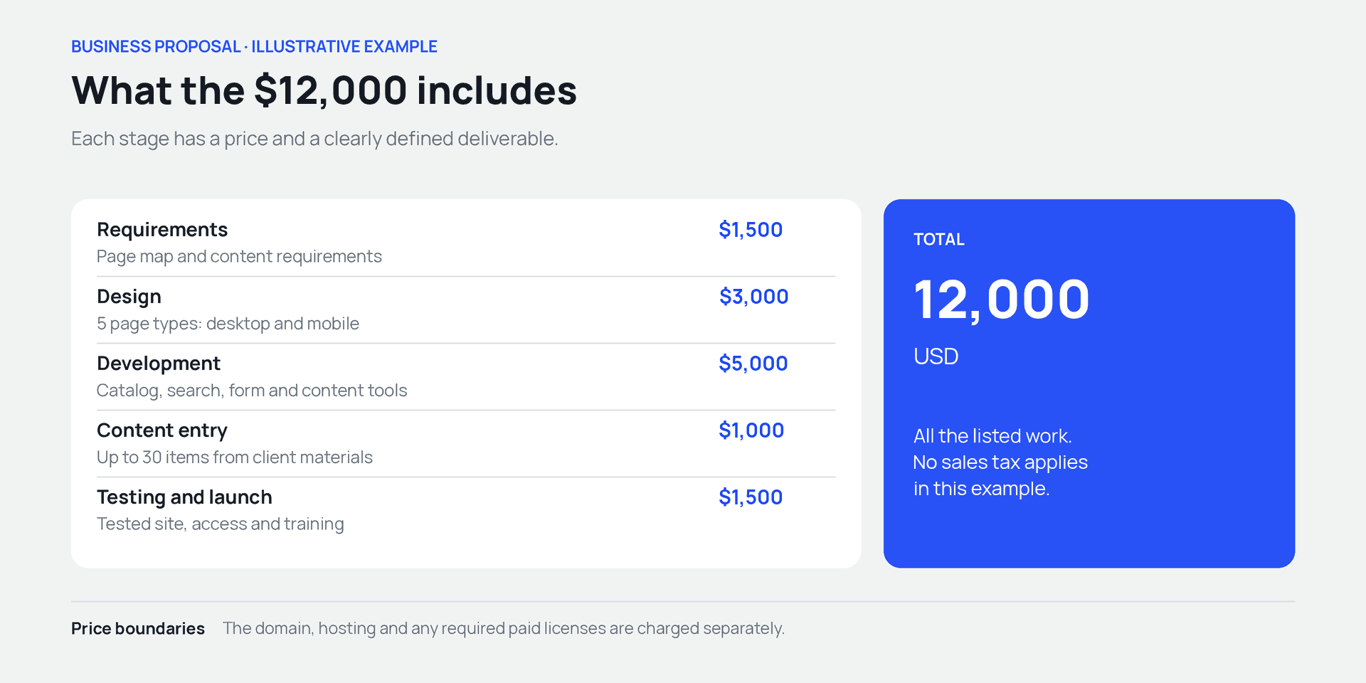 What a $12,000 proposal includes: requirements, design, development, content entry, testing and launch