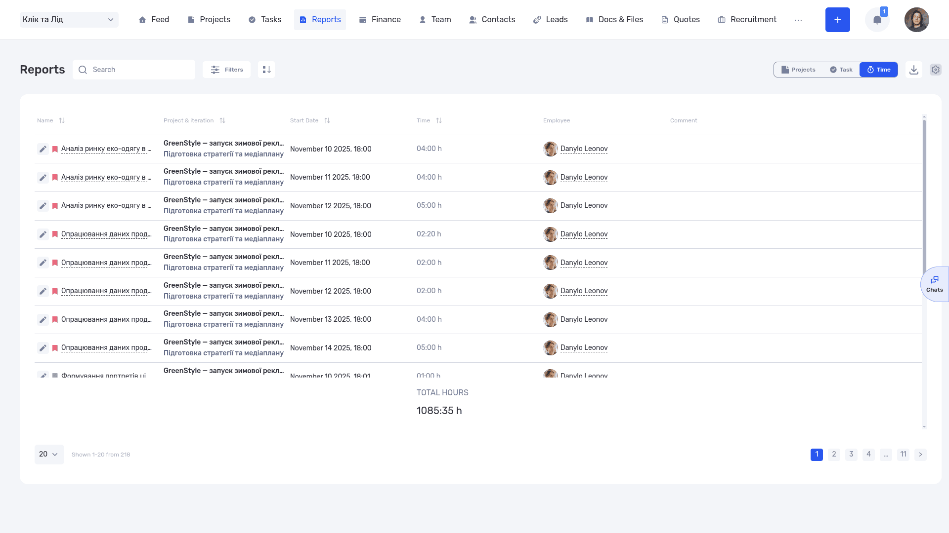 The report brings time entries together by task, project, date, and team member