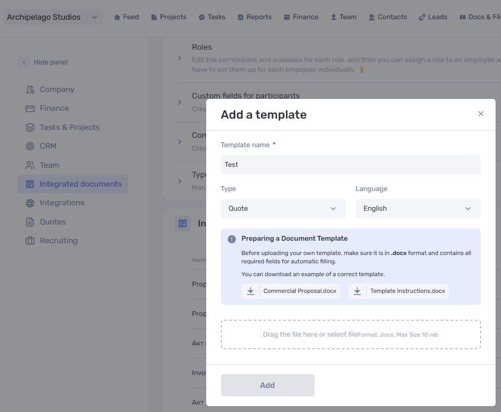 Adding a quote document template in if.team settings