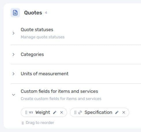 Custom fields for items and services in if.team quote settings