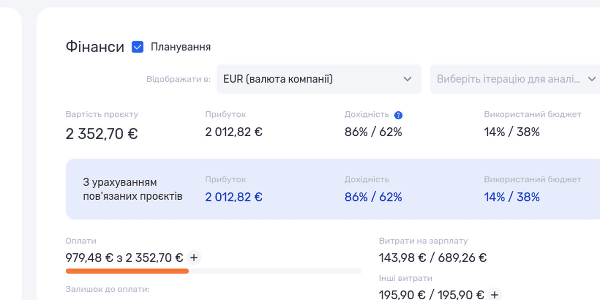 Порівняння плану й факту у фінансах проєкту if.team з урахуванням пов’язаних проєктів