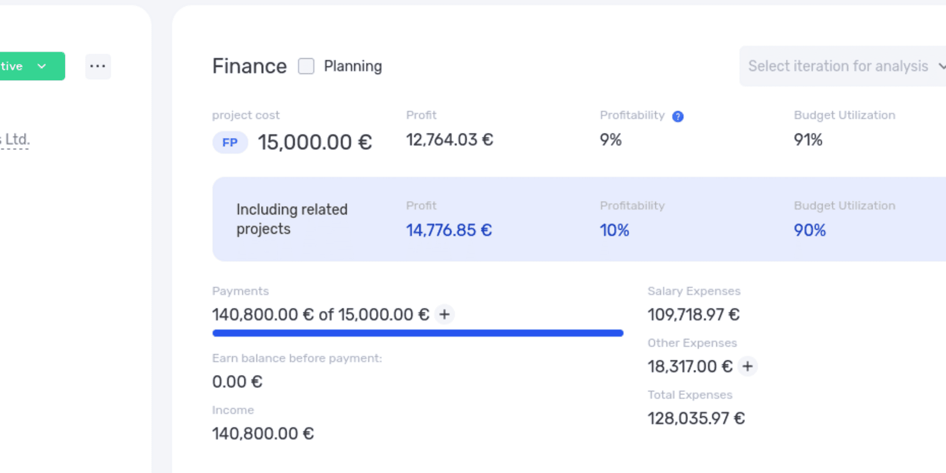 Project finance block in if.team with cost, profit, profitability, payments, and expenses