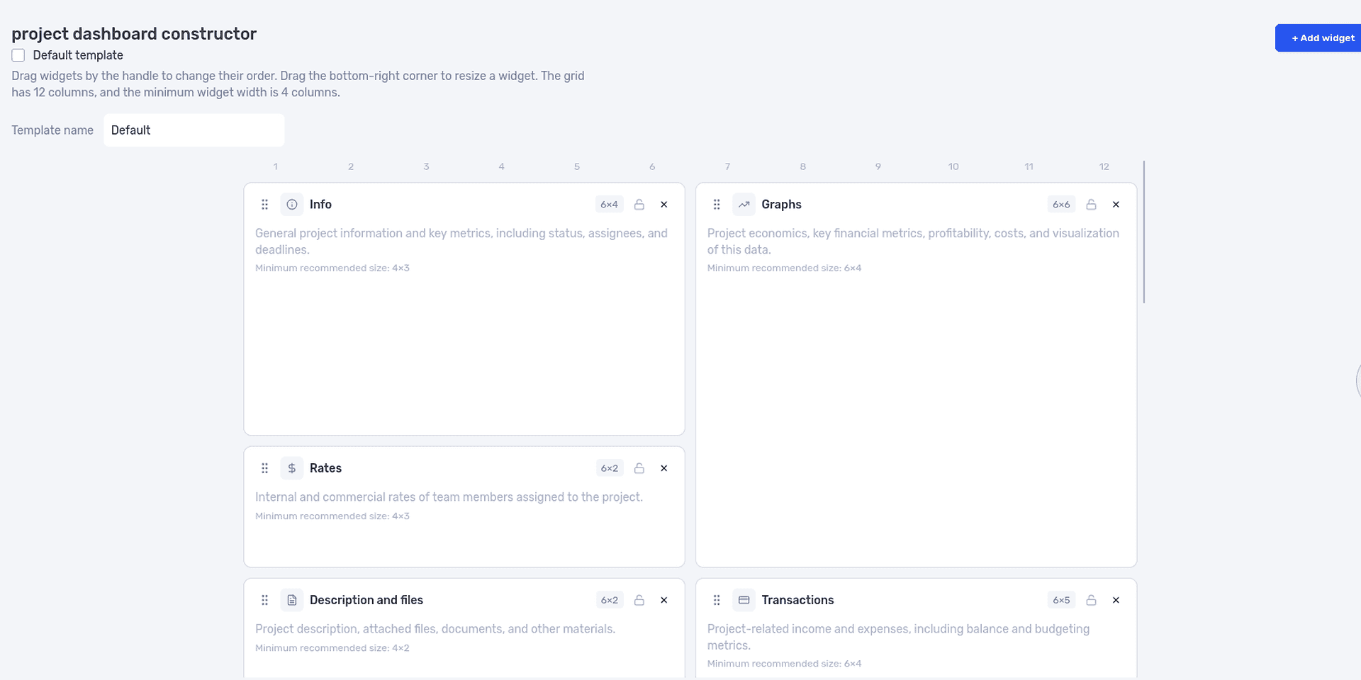 Project dashboard constructor in if.team with info, graphs, notes, and transaction widgets