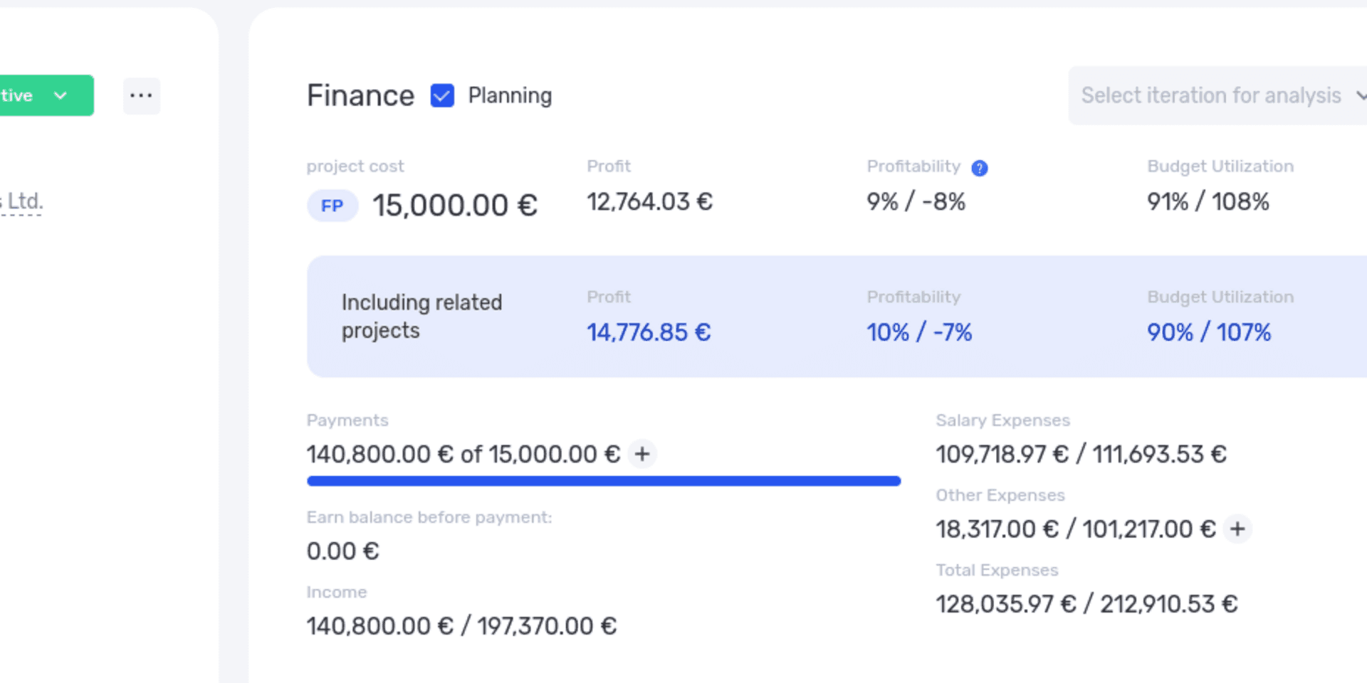 Plan vs. actual in if.team project finances, including related projects